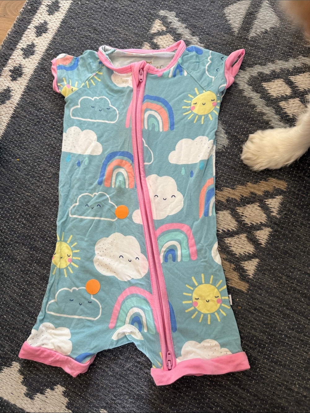 Girls' Blue Cloud & Rainbow Short Sleeve Zip Romper Pajamas - Pink Trim